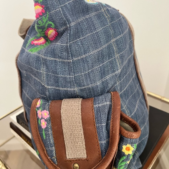 Free People Embroidered Blue Checkered Denim Women's Bag - Picture 9 of 13